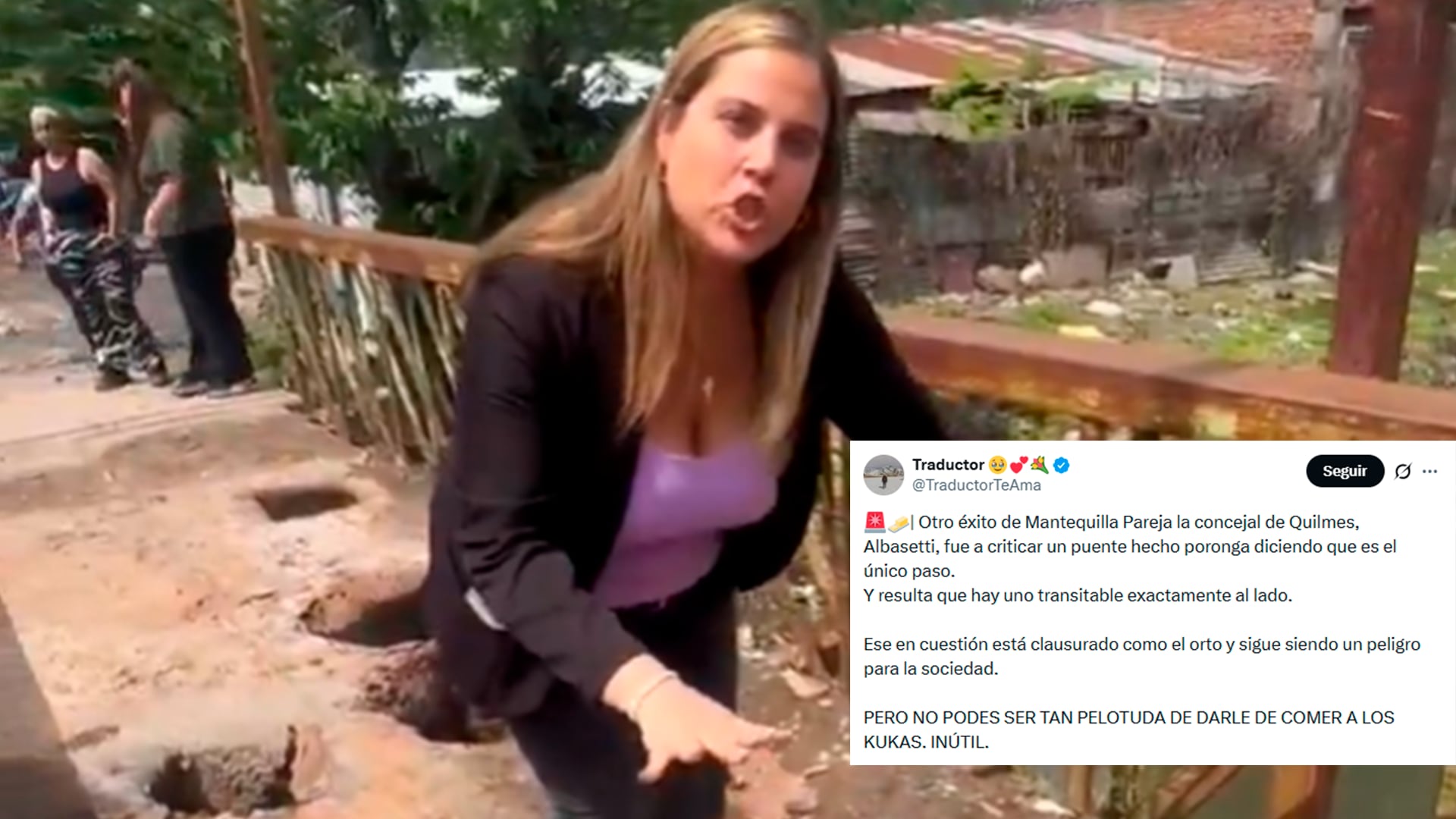 “No podés darles de comer”: fuerte cruce entre una concejal y un tuitero libertario por un posteo engañoso sobre un puente en Quilmes
